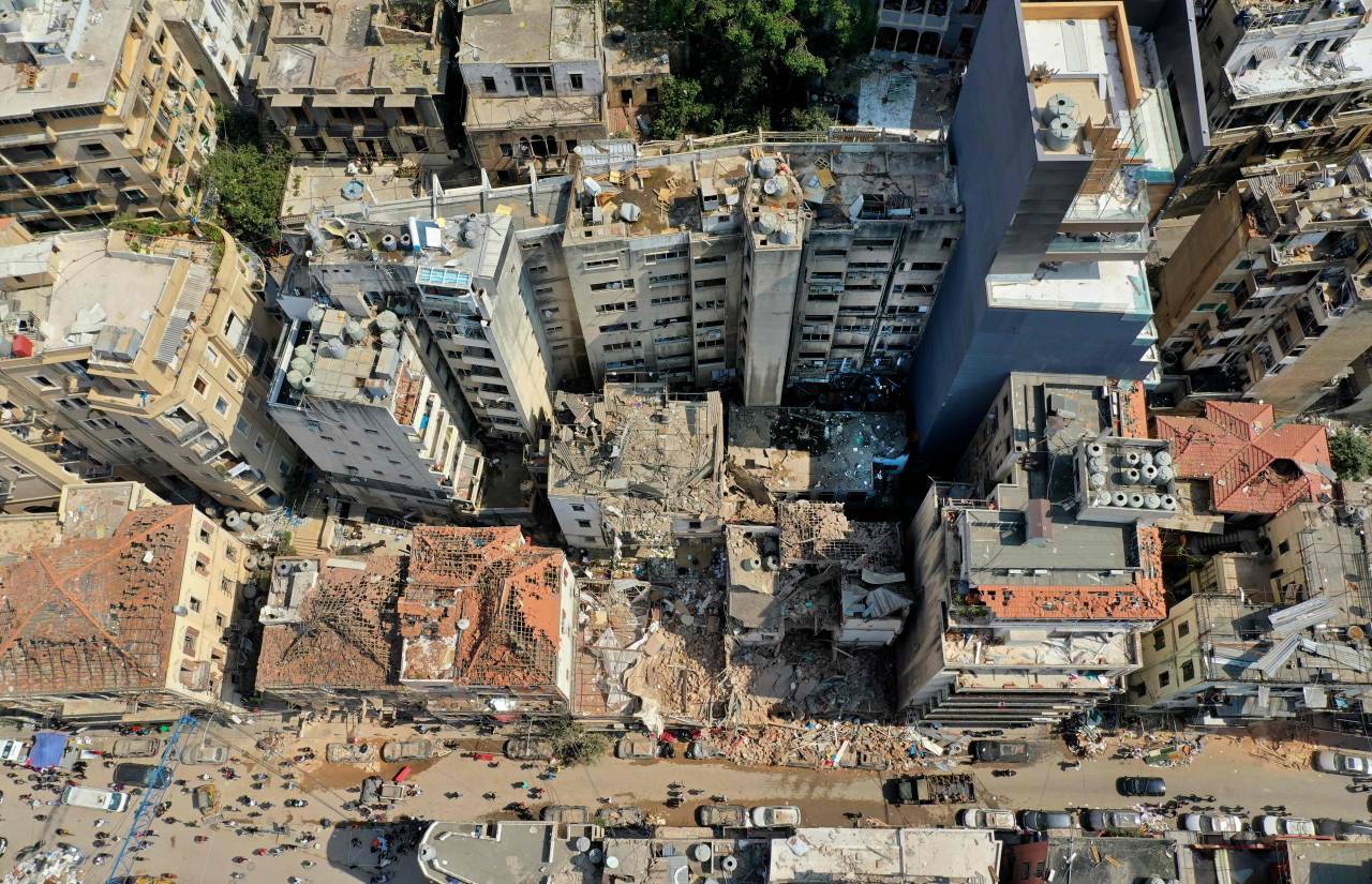 Une vue aérienne d'un quartier dévasté par l'explosion, le 7 août 2020. Photo AFP