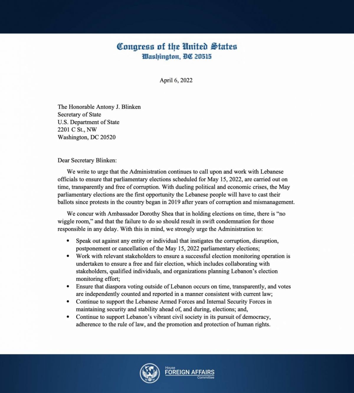 US congresspeople send letter urging Biden administration to ensure Lebanon holds elections on time