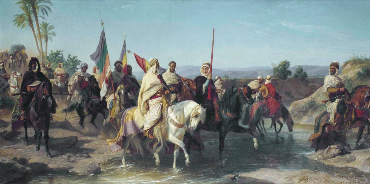 Portraits présumés du chérif Boubaghla et de lalla Fatma n’Soumer conduisant l’armée révolutionnaire. Huile sur toile signée F. Philippoteaux et datant de 1866.