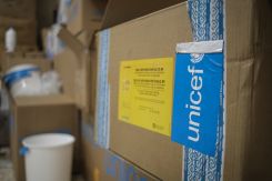 The UNICEF logo appears on boxes of IV rehydration bags used to treat cholera patients in Akkar, northern Lebanon. (Credit: João Sousa/L'Orient Today)