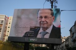 A billboard in Beirut bidding former President Michel Aoun farewell, Oct. 31, 2022. (Credit: João Sousa/L'Orient Today/File photo)