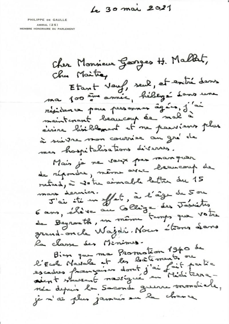 Lettre de Philippe de Gaulle à Georges H. Mallat