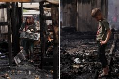 Les réfugiés syriens tentant de trouver des affaires épargnées par l'incendie, dans un camp de réfugiés de Zahlé, le 22 avril 2024. Mohammad Yassine/L'Orient-Le Jour
