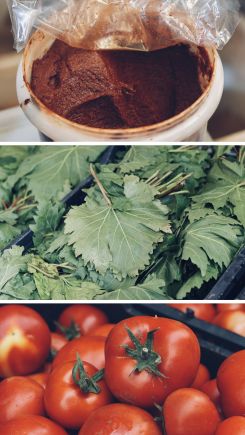 Collage of typical Armenian ingredients: pepper paste, vine leaves, and tomatoes being sold in Bourj Hammoud, Beirut, 10 May, 2024 (Photo: Olivia Le Poidevin/L'Orient Today) 