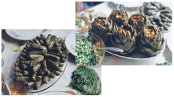 Armenian lunch table with stuffed vine leaves (left) and stuffed artichokes (right) in Bourj Hammoud, Beirut, 10 May, 2024 (Photo: Olivia Le Poidevin/L'Orient Today)