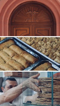 Collage of Saint Vartan church door, Baklava and Tahini bread served at an Armenian bakery in Bourj Hammoud, Beirut, 10 May, 2024 (Photo: Olivia Le Poidevin/L'Orient Today) 