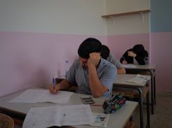 Badreddine Falha, a student from Mais al-Jabal displaced by the fighting in southern Lebanon, takes his Baccalaureate in Bazouriyeh on July 2, 2024. (Credit: Matthieu Karam)
