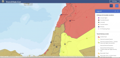 Capture d’écran de la carte des conseils aux voyageurs du département d’État américain concernant le Liban, la Palestine et Israël.