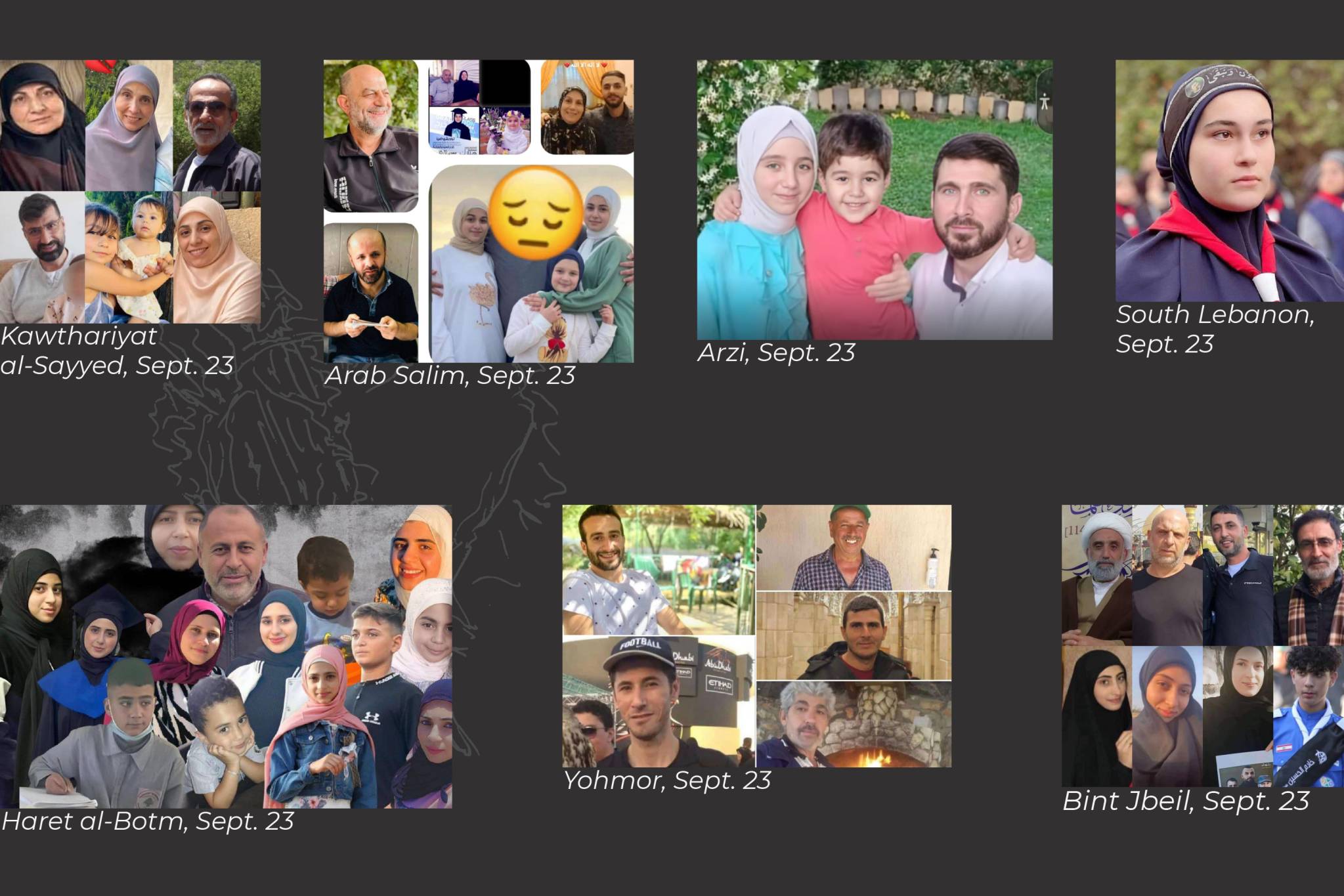 The above victims include families who were killed by Israel's country-wide air raids on Monday, Sept. 23.