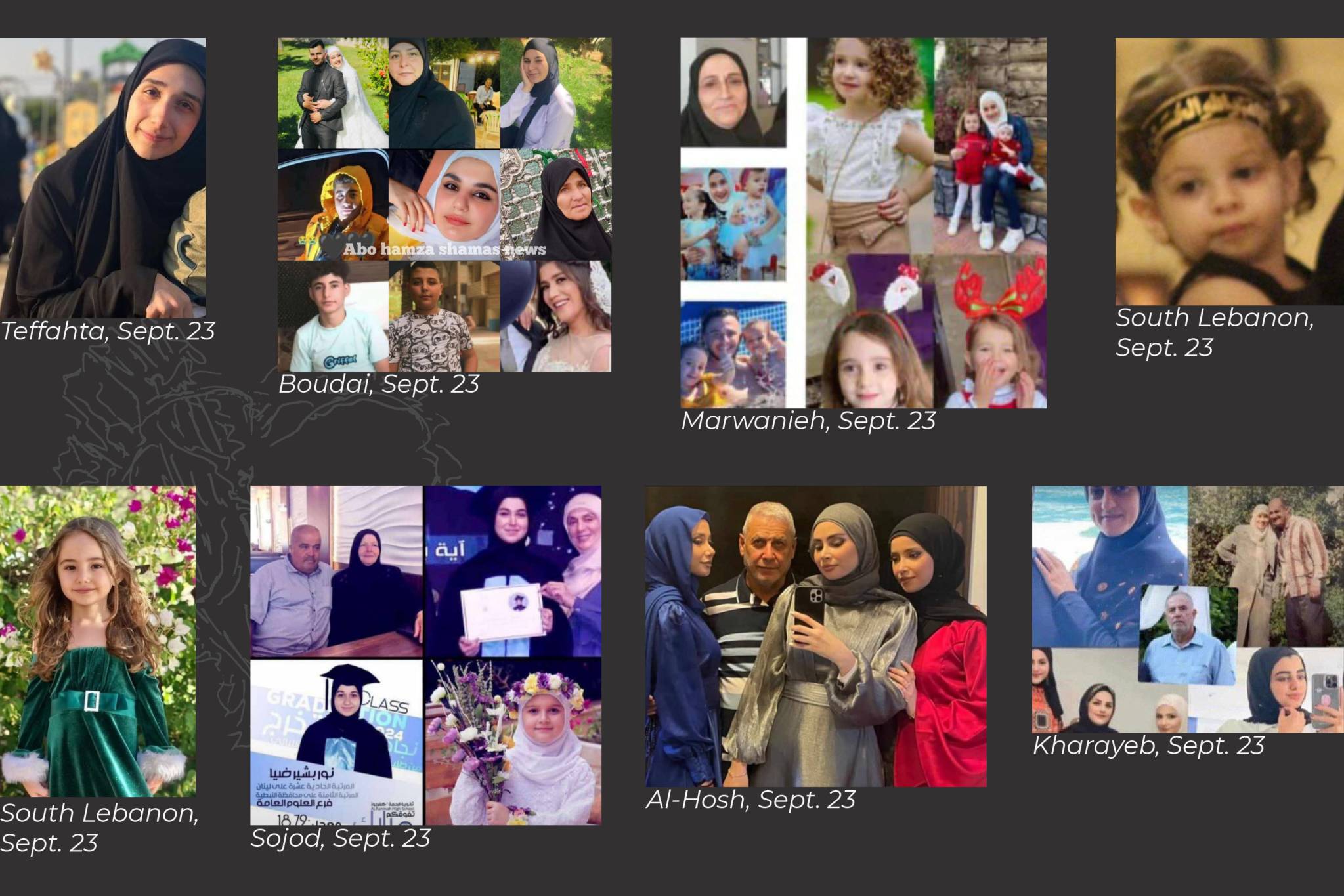 The above victims include families who were killed by Israel's country-wide air raids on Monday, Sept. 23.