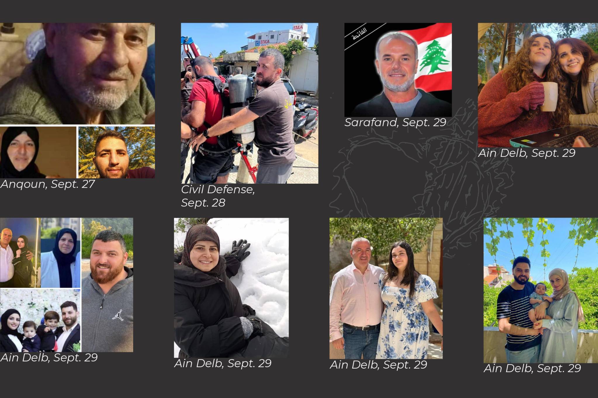 The victims above include some of those killed in the Israeli strike on Ain Delb, a village near Saida, which took the lives of at least 45 people, many of whom had already been displaced once. 