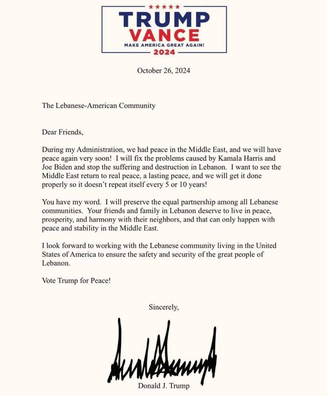 Trump adresse une lettre de « paix » à la communauté libano-américaine