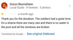 A Google review, originally written in Hebrew, mocks the damage to a chalet in Aita el-Shaab, South Lebanon. Screenshot from Google Maps.