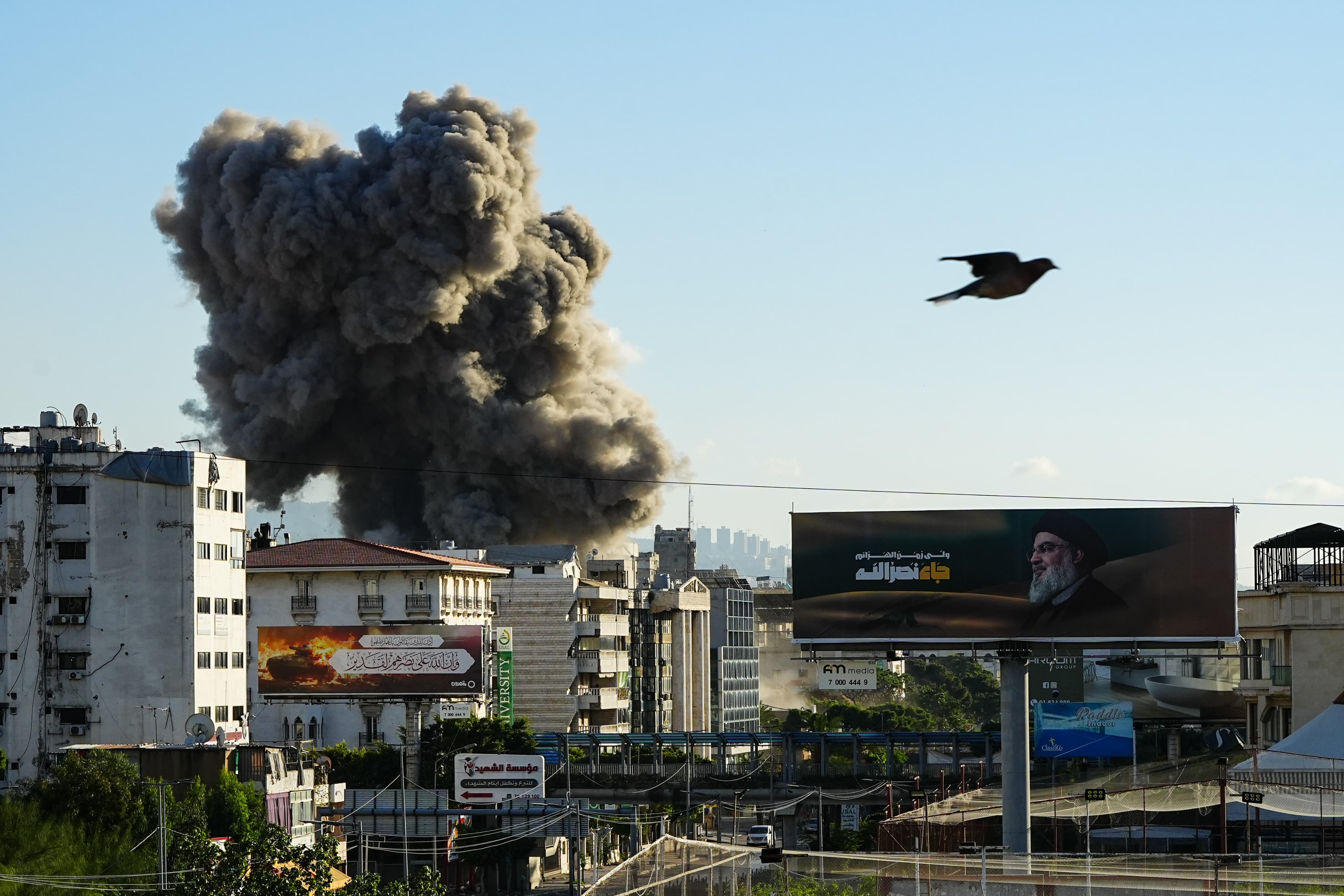 Over the next few days, the Israeli air force continued its campaign of fierce bombing. Here, a building is hit hard by a bomb on the road to the airport on Nov. 16. (Credit: Mohammad Yassine)