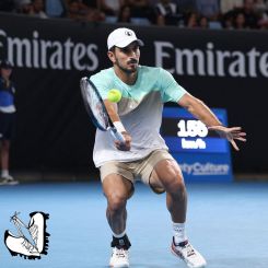 Lebanese Hady Habib lands a shot against the Frenchman Ugo Humbert during the 2nd round of the Australian Open tennis tournament in Melbourne, on Jan. 15, 2025. (Credit: Martin Keep/AFP)