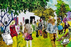 A collage artwork using wallpaper by Haibat Balaa Bawab exhibited at the Art on 56th gallery. Courtesy of the Art on 56th gallery.