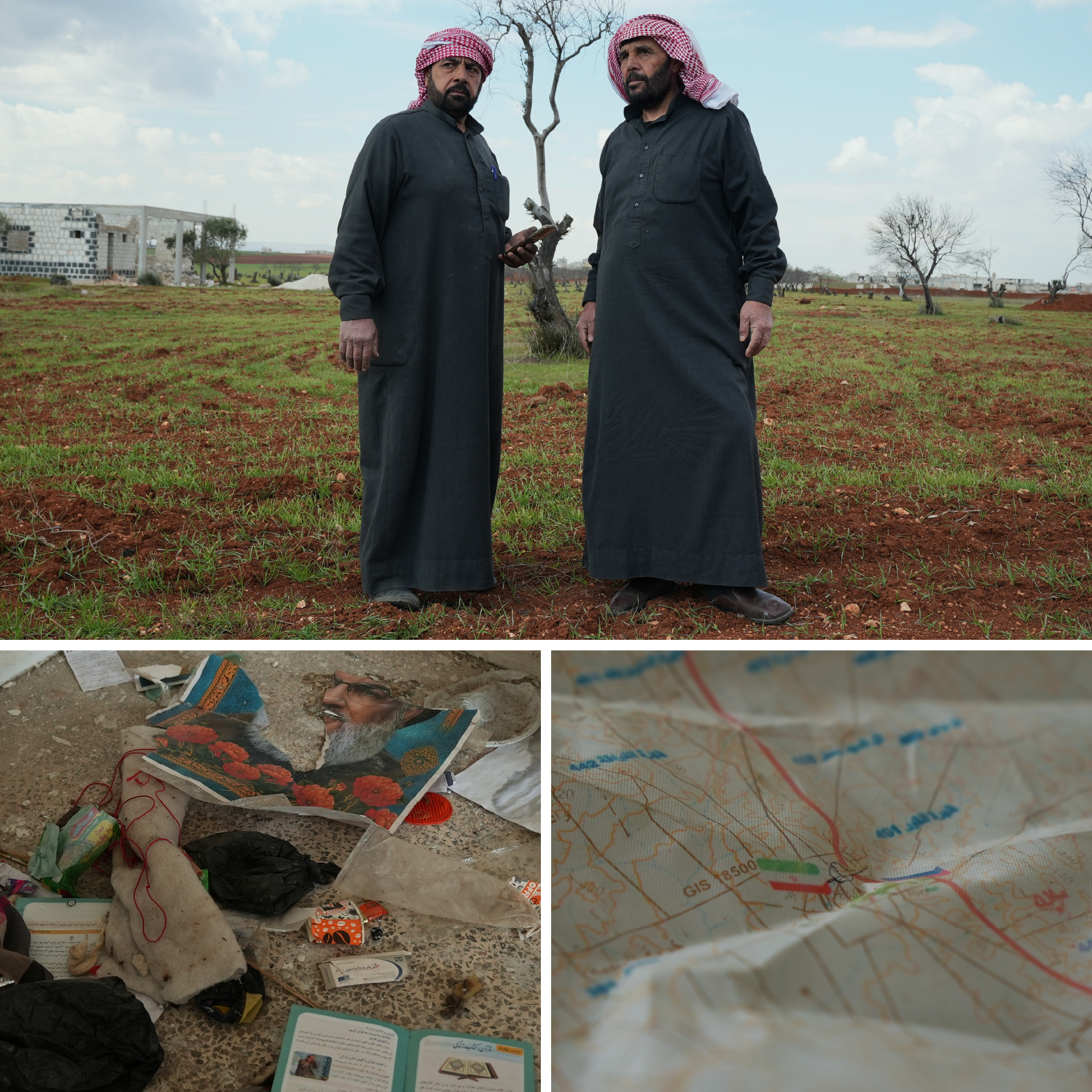 Les frères Houari dans leur domaine à Saraqeb. Ci-dessous, des vestiges militaires et de propagande retrouvés dans différentes casernes à Saraqeb (Idleb) en mars 2025. Photos Lucile Wassermann. Montage Jaimee Lee Haddad