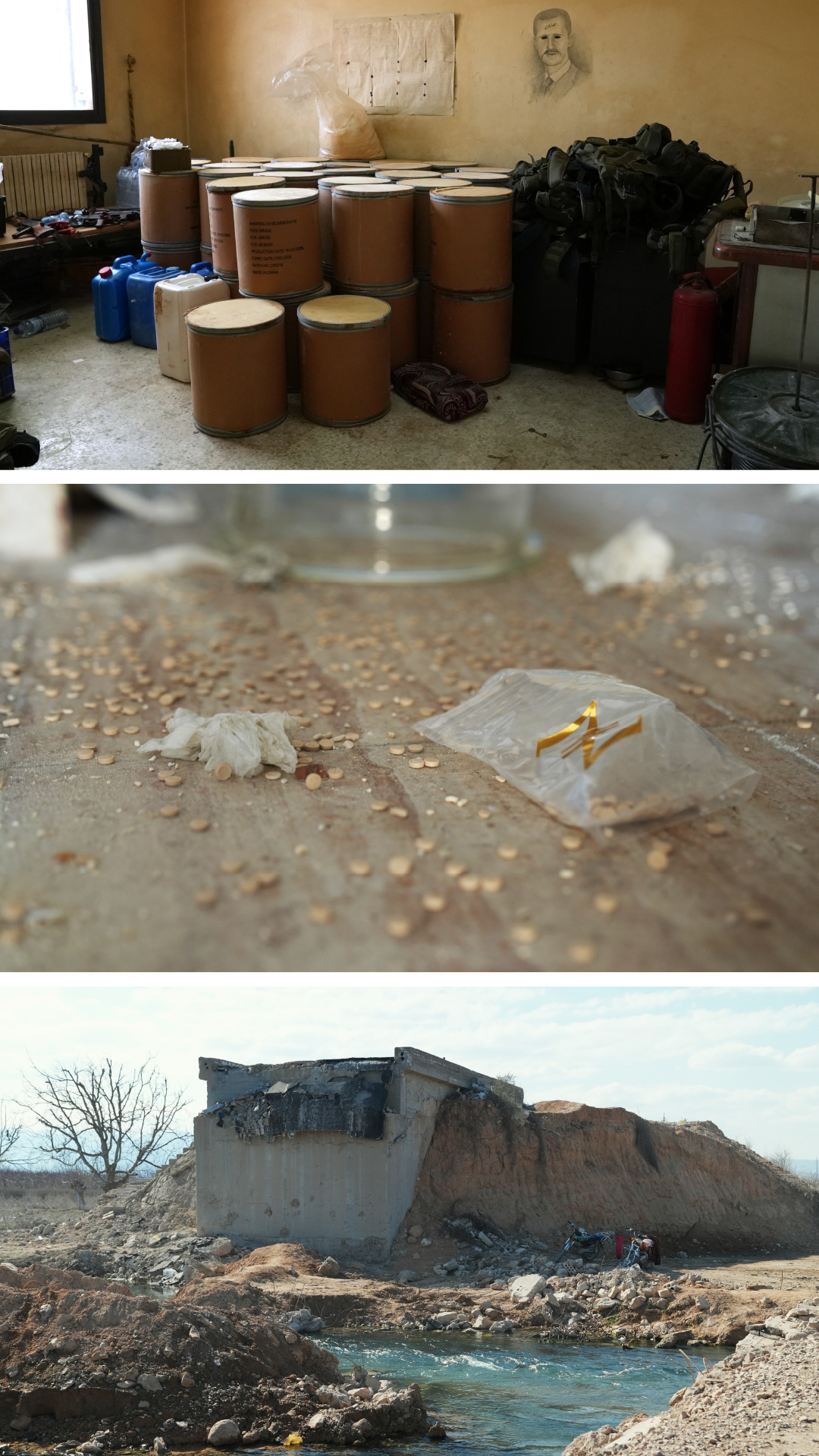 De haut en bas : À Homs, entrepôt stockant les drogues retrouvées dans la région de Qousseir. Des pilules de Captagon à Hawik. Un pont à Qousseir détruit par l’aviation israélienne fin novembre 2024. Photos Lucile Wassermann. Montage Jaimee Lee Haddad