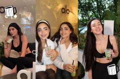 Social media influencers drinking matcha at the Alo Yoga event in Beirut. (Credit: @rheamahfouz/@thehallanitwins/@guide.lb/Instagram)