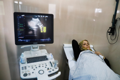 Fatima Arafa, a pregnant and displaced Palestinian woman, undergoes medical check up at al-Helou hospital, in Gaza City, July 10, 2025. (Credit: Ebrahim Hajjaj/Reuters)
