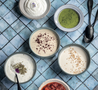 Sauces : tarator, toum, yaourt, coriandre, piment, concombre