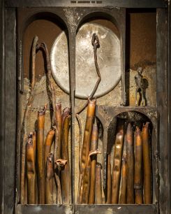 "Veuves" made of copper pipes, perfume container caps, and other industrial waste. (Photo courtesy of the artist)