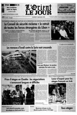 La Une de L'Orient-Le Jour du 3 septembre 2004.