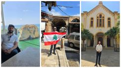 Benny Wexler devant la Grotte aux Pigeons à Beyrouth (g), dans les rues de Jbeil (c) et devant la synagogue de Beyrouth (d). Photos non datées, partagées par différents médias. Montage L'Orient-Le Jour