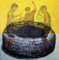 Une acrylique et fusain signée Shadi Abou Sada. Avec l'aimable autorisation de l'artiste