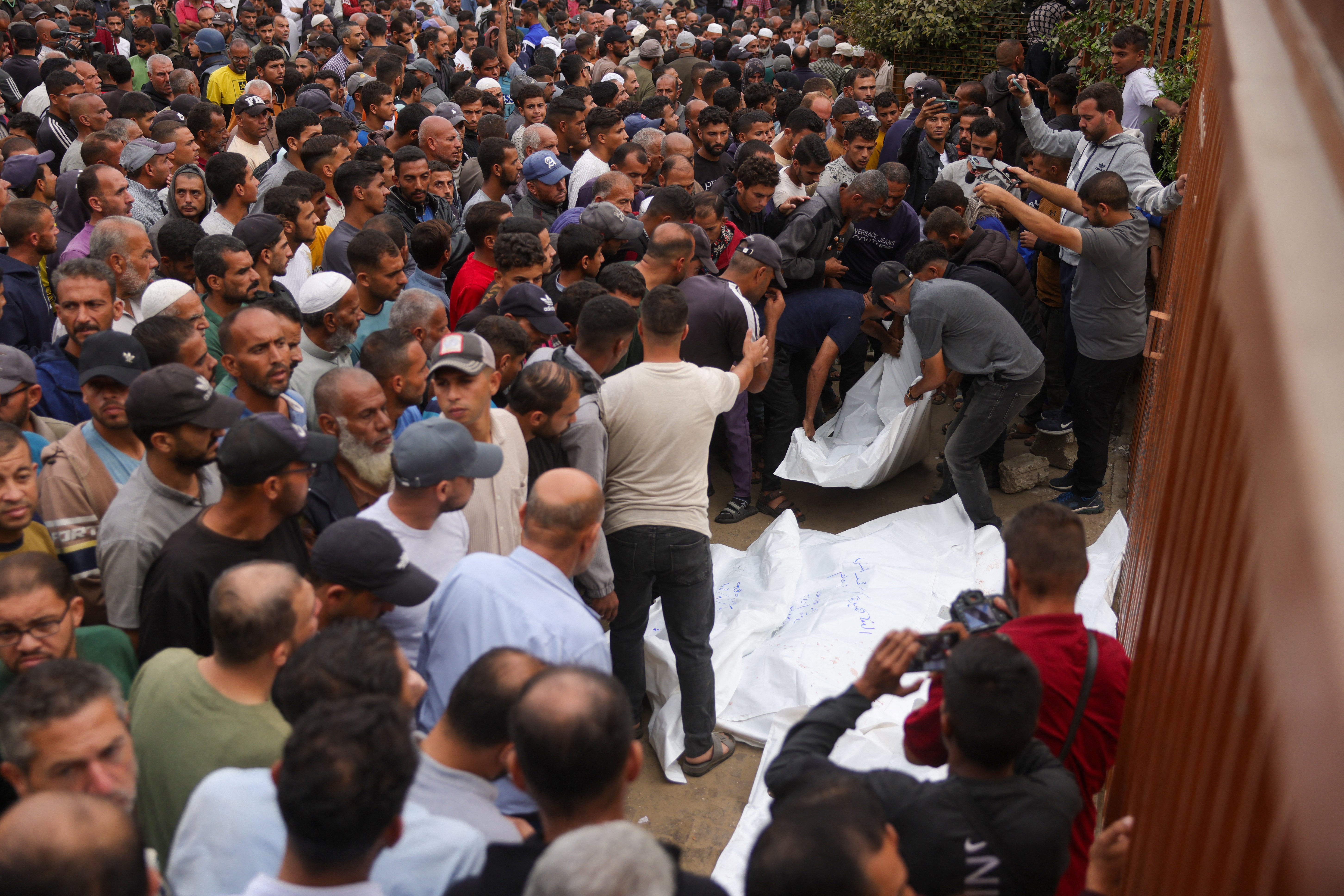 People attend the funeral of Palestinians in Gaza killed in an Israeli strike at Nasser Hospital in Khan Younis, southern Gaza Strip, Oct. 29, 2025. (Credit: Bashar Taleb/AFP)