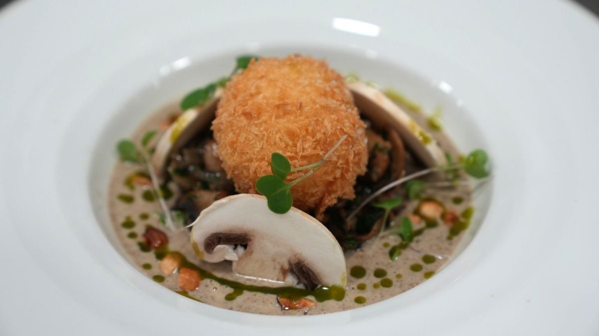 Alan Geaam's mushroom soup with a fried egg