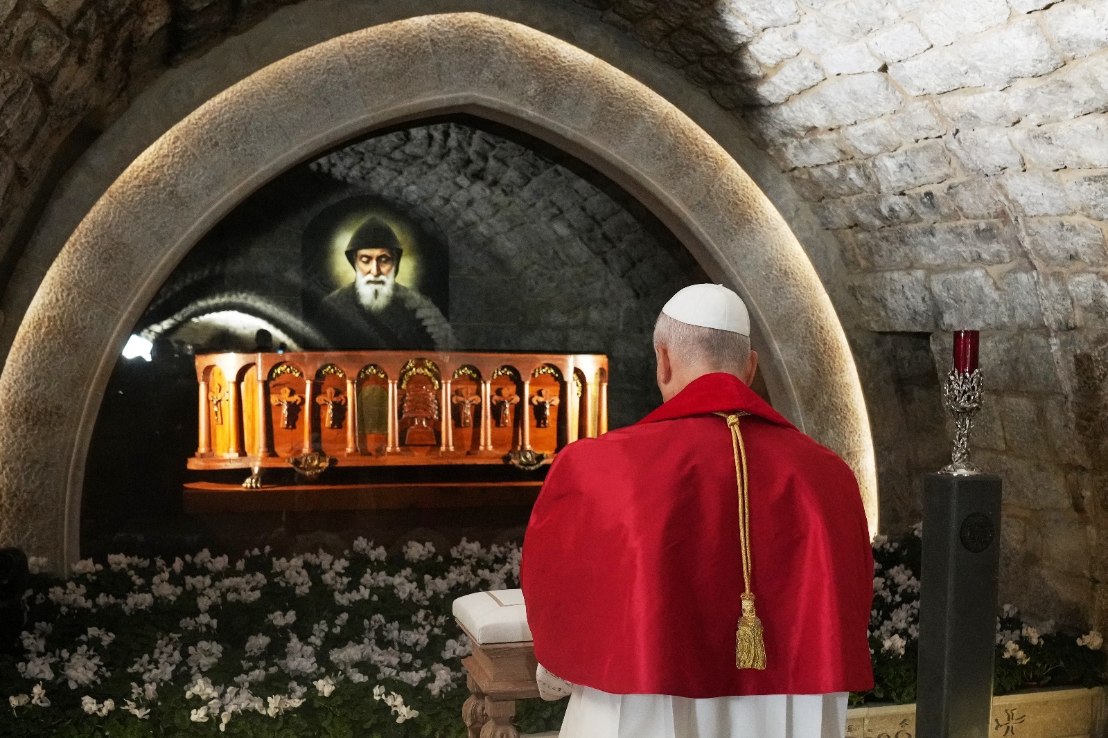 “Today we entrust to Saint Charbel's intercession the needs of the Church, Lebanon and the world.” During his tour of Lebanon’s emblematic Christian sites, the Pope prayed at the tomb of Saint Charbel in the Saint Maron Monastery in Annaya, in the mountains overlooking Byblos. (Credit: Domenico Stinellis/AFP)