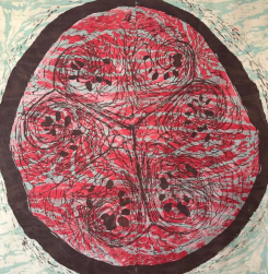 Seeing a watermelon by Emna Zghal. Woodcut and acrylic ink (120x120cm). (Credit: Courtesy of the gallery)
