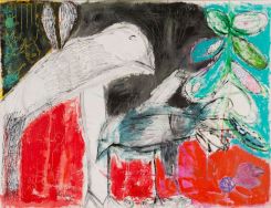 "Cactus Bird" de Julie Bou Farhat; acrylique et technique mistes sur toile (151x197cm; 2020). Avec l'aimable autorisation de l'artiste