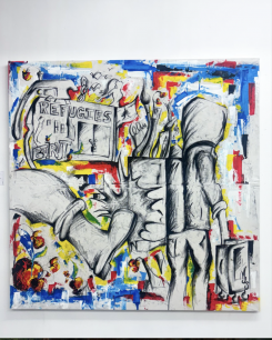 Dans cette toile, le jeune artiste Mario Jouzy évoque son exil, ses blessures et les symboles qui composent sa vie. Photo fournie par l’artiste