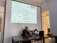 La présidente de LACR lors de la conférence de presse, vendredi à Beyrouth. Photo Anne-Marie el-Hage/L'Orient-Le Jour