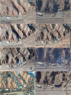 A combination picture of satellite images show the Parchin military complex before the Israeli strikes of Oct., 2024, in this image dated Oct. 20, 2024, (1st row left), the Parchin military complex after the Israeli strikes of Oct., 2024, in this image dated Oct. 27, 2024, (1st row right), the beginning of the site's reconstruction with a new roof installed, in this image dated Nov. 6, 2024, (2nd row left), a skeletal frame at the site in this image dated Oct. 12, 2025, (2nd row right), a cylindrical metallic structure at the site in this image dated Nov. 14, 2025, (3rd row left), the start of the site being put in concrete, in this image dated Dec.13, 2025, (3rd row right), concrete over the site in this image dated Jan. 24, 2026, (4th row left), and a building close to completion at the site in this image dated Feb. 16, 2026, (4th row right), in Parchin, Iran. 2026 (credit: Planet Labs PBC and Vantor/ Reuters)