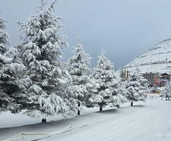 Une route enneigée à Mzaar sous un ciel encore couvert le 27 février 2026. Photo Mzaar Ski Resort