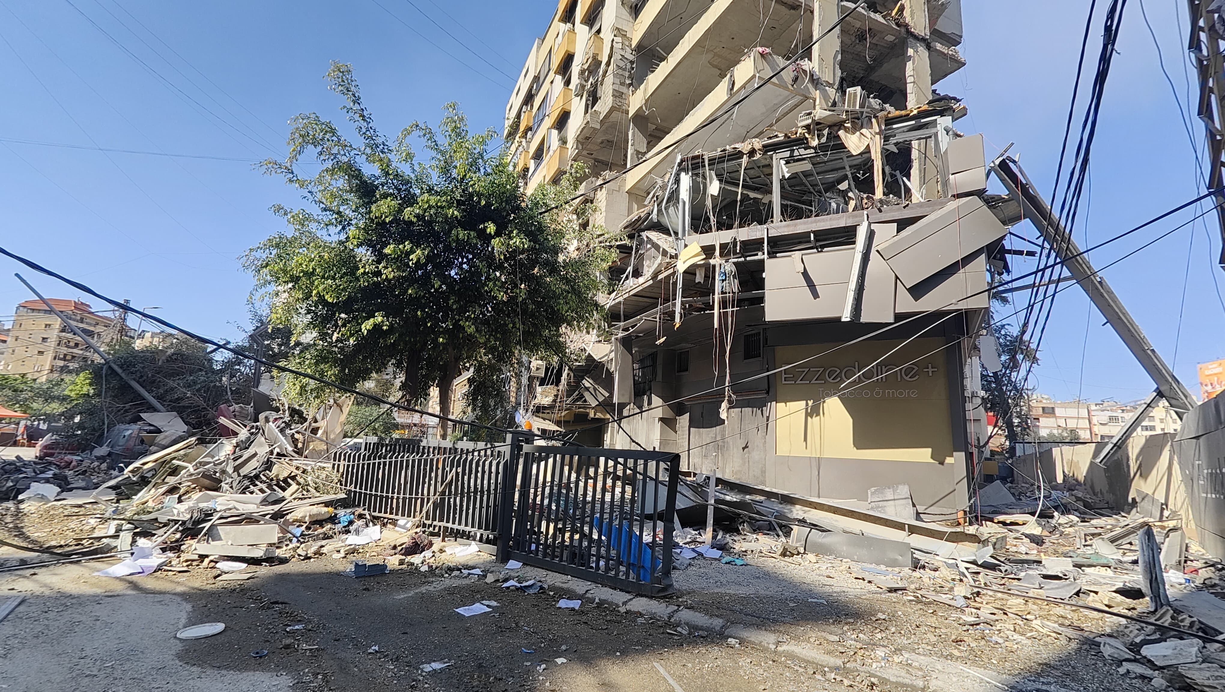 Not far away, an al-Qard al-Hassan branch was left completely destroyed by strikes. Other branches were also targeted across Lebanon on Monday.  (Credit: Mohammad Yassine/L’Orient Today)
