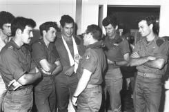 Benjamin Netanyahu (center), during his military service, at a ceremony held by President Zalman Shazar honoring participants in the 1972 Sabena plane hijacking operation. (Credit: Israeli army spokesperson’s office courtesy of Wikicommons)