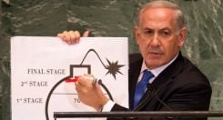 Addressing the U.N. General Assembly in September 2012, Benjamin Netanyahu draws a red line on a cardboard illustration of a bomb. (Credit: AFP)