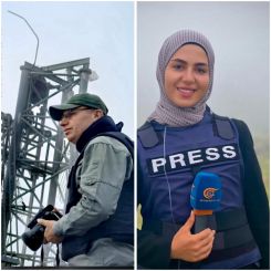 Les journalistes Ali Choeib et Fatima Ftouni, tués lors d'une frappe israélienne sur la route principale de Jezzine, le samedi 28 mars 2026. Photomontage transmis à notre correspondant au Liban-Sud, Mountasser Abdallah