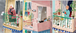 Beyrouth, une ville de personnages au balcon, dans les illustrations de Maya Fidawi. Avec l'aimable autorisation de l'artiste /Photomontage L'OLJ