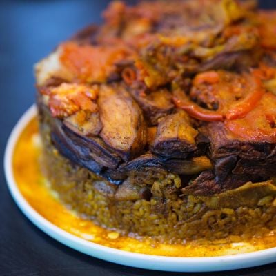 Karim Haidar's ma'loubit batinjen (eggplant mussaqa')