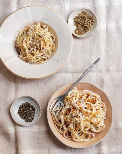 Carla Rebeiz's spaghetti with labneh, garlic, and dried mint