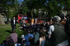 Green Party leader Zack Polanski speaks to candidates and campaigners during a campaigning visit to Brixton in south London on April 25, 2026, ahead of local elections on May 7. (Credit: Justin Tallis/AFP)