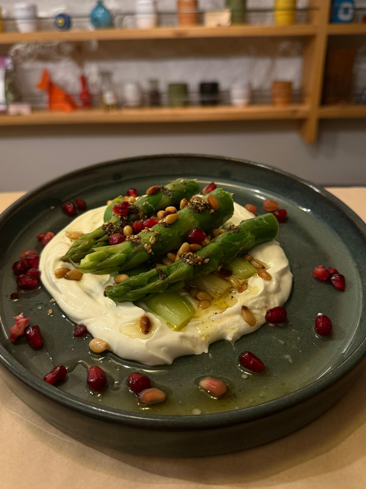 Carla Rebeiz's green asparagus with labneh and zaatar