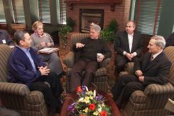 U.S. President Bill Clinton, with Secretary of State Madeleine Albright and National Security Adviser Sandy Berger, meets with Israeli Prime Minister Ehud Barak and Syrian Foreign Minister Farouk al-Sharaa in Shepherdstown, West Virginia, Jan. 7, 2000. Credits: (Credit: White House/AFP)