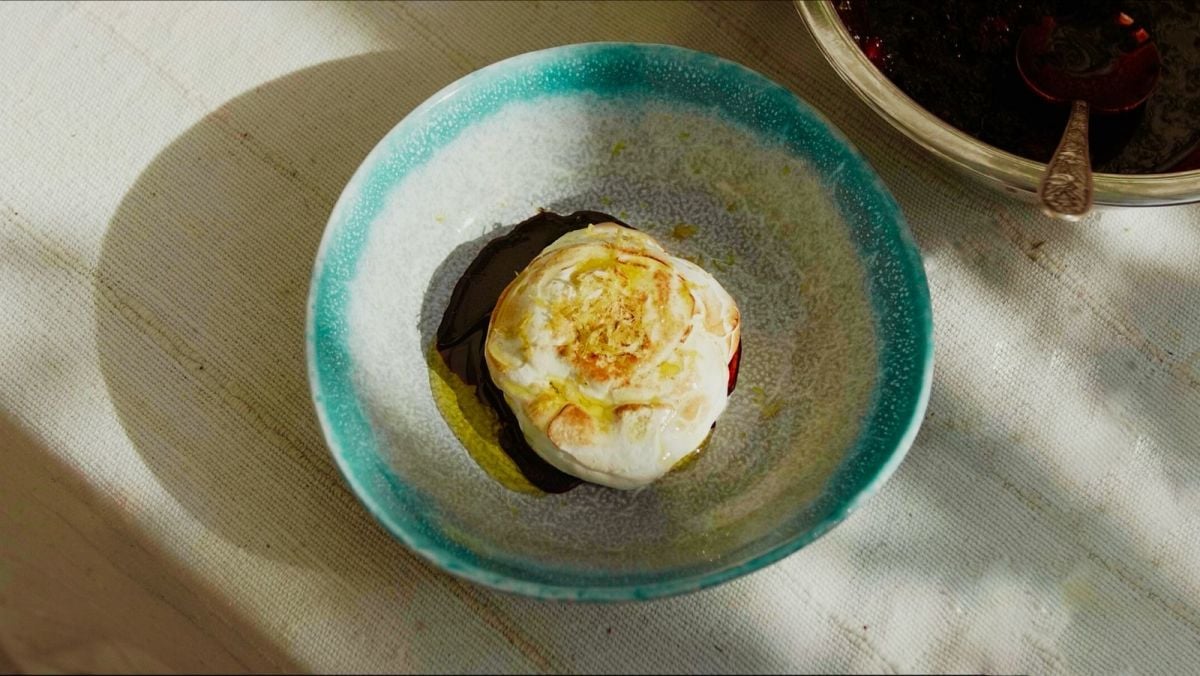 Karim Arsanios' meringue and blackberry coulis with arak
