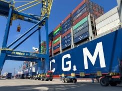 The CMA CGM Eugénie and its more than 360 meters in length dropping anchor on June 8, 2026, in Tripoli. (Credit: Philippe Hage Boutros/L’OLJ)